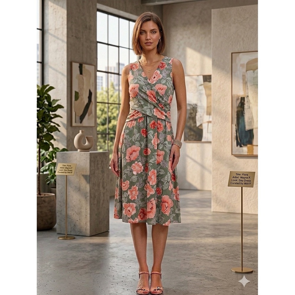 Lands End Womens Floral Surplice Sleeveless Dress Sage Green Coral Size S 6-8